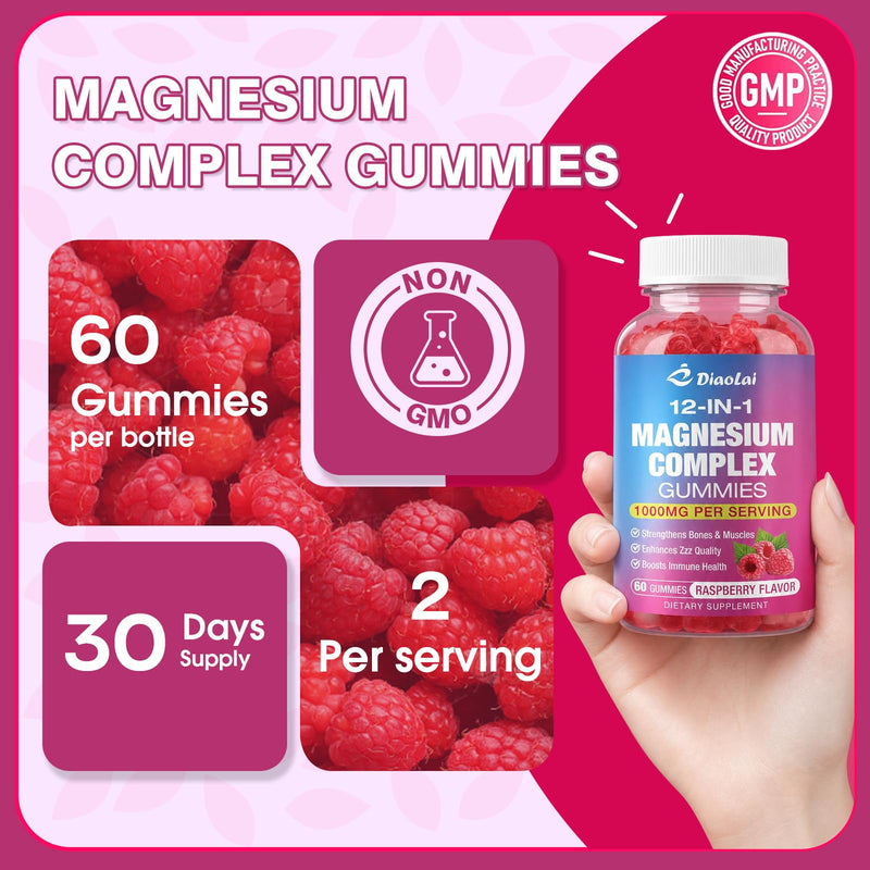 2 Pack Magnesium Complex Gummies with Citrate, Glycinate, Malate, Oxide – Plus Vitamin D3, B6, C, Ashwagandha & CoQ10 – Raspberry Flavor, 120 Count for Women & Men