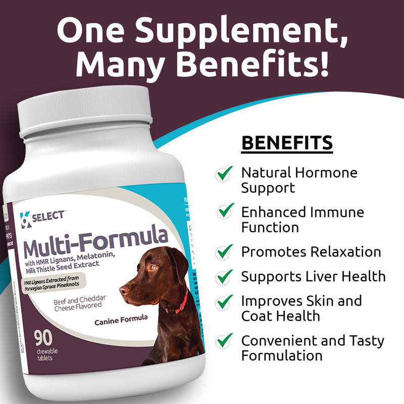 K9 Select Multi-Formula Dog Vitamins for Large Dogs - 30mg HMR Lignans, 3mg Melatonin, 60mg Milk Thistle - Helps Heart, Liver, Digestion, Skin & Coat Health, Dog Multivitamin, 90 Tablets, Beef Flavor 30mg Beef Flavored