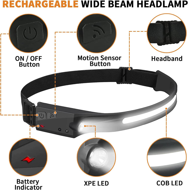 Headlamp 2 Pack, Rechargeable 230° Wide Beam Headlamps, 5 Lighting Modes, Motion Sensor Headlamp, Adjustable Headband, Lightweight Waterproof Headlight for Fishing, Camping…