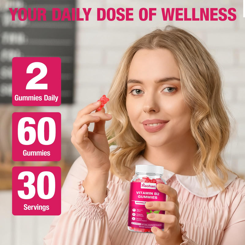 Haohan Vitamin B2 400mg with Magnesium Gummies for Migraine and Nervous System Support in Sugar-Free Vegan Raspberry Flavor, 120 Count for Adults and Kids