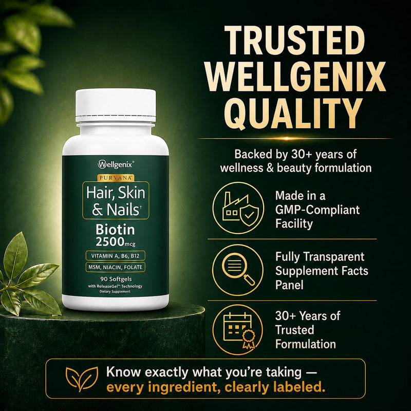 Wellgenix Purvana Hair Skin and Nails Supplement – 2500mcg Biotin Softgels with MSM & B-Complex – Daily Beauty Support for Stronger Nails & Hair Vitality – 90 Softgels | MSM, alpha lipoic acid & grape seed softgels for thicker-looking hair, stronger-lo...