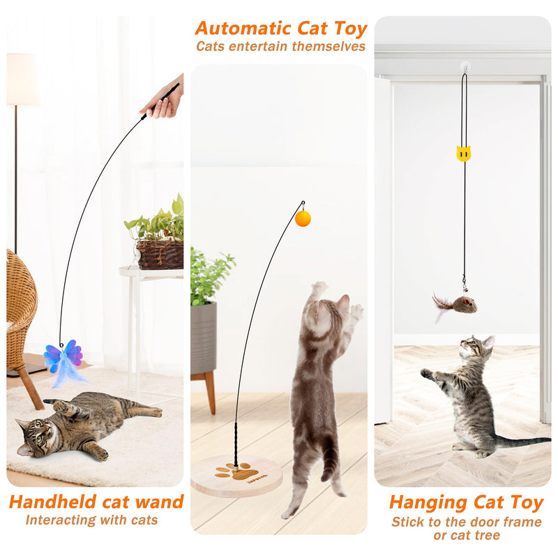 JXFUKAL Interactive cat Toy, Automatic Cat Wand Toy with Stable Wooden Base, 2 PCS Detachable Cat Teaser, 5PCS Refills Replacement & Hanging Cat Toy, Kitty Kitten Toys Cat Feather Spring String Toy - BeesActive Australia