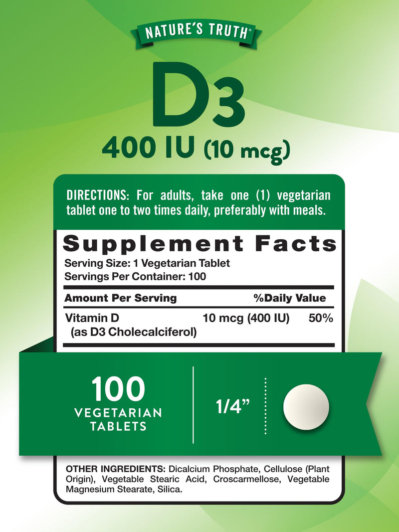 Nature's Truth Vitamin D3 | 400 iu (10 mcg) | 100 Tablets | Vegetarian, Non-GMO & Gluten Free Supplement