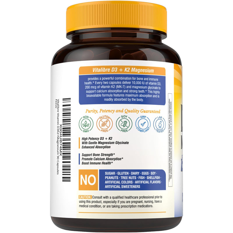 Vitalibre D3 K2 + Magnesium Supplement, 10000 IU Vitamin D3 & 200 mcg K2, with Magnesium Glycinate, Bone, Teeth, Immune & Energy Support, High Absorption, Non-GMO, Easy to Swallow, 60 Capsules 60 Count (Pack of 1)