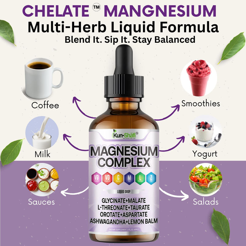 Magnesium Complex Liquid Drops – High Absorption Magnesium Glycinate, Malate, L-Threonate, Taurate with Ashwagandha & Lemon Balm – Vitamin C B1 B2 B6 B12 Complex – 2 Fl Oz(60 ml)