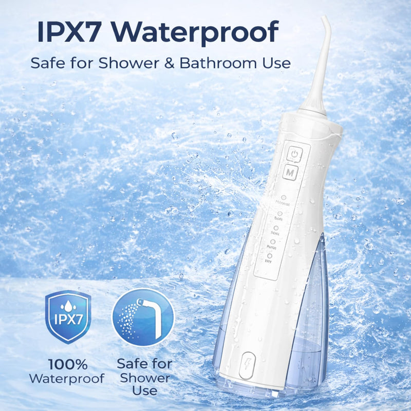 Water Flosser for Teeth, Portable Cordless Oral Irrigator with 4 Modes, 300ML Large Water Tank, IPX7 Waterproof Dental Flosser for Braces, Travel & Home Use (White) White