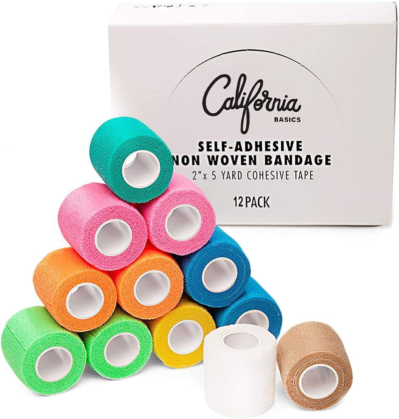 California Basics Self-Adhesive Medical Tape (2 inch) - Pack of 12 - Cohesive Bandage Wrap Rolls - Waterproof Athletic Tape - Self Adhesive Medical Adhesive Bandage Wrap - Vet Stretch Wrap 2 Inch 12 pack Multi - BeesActive Australia