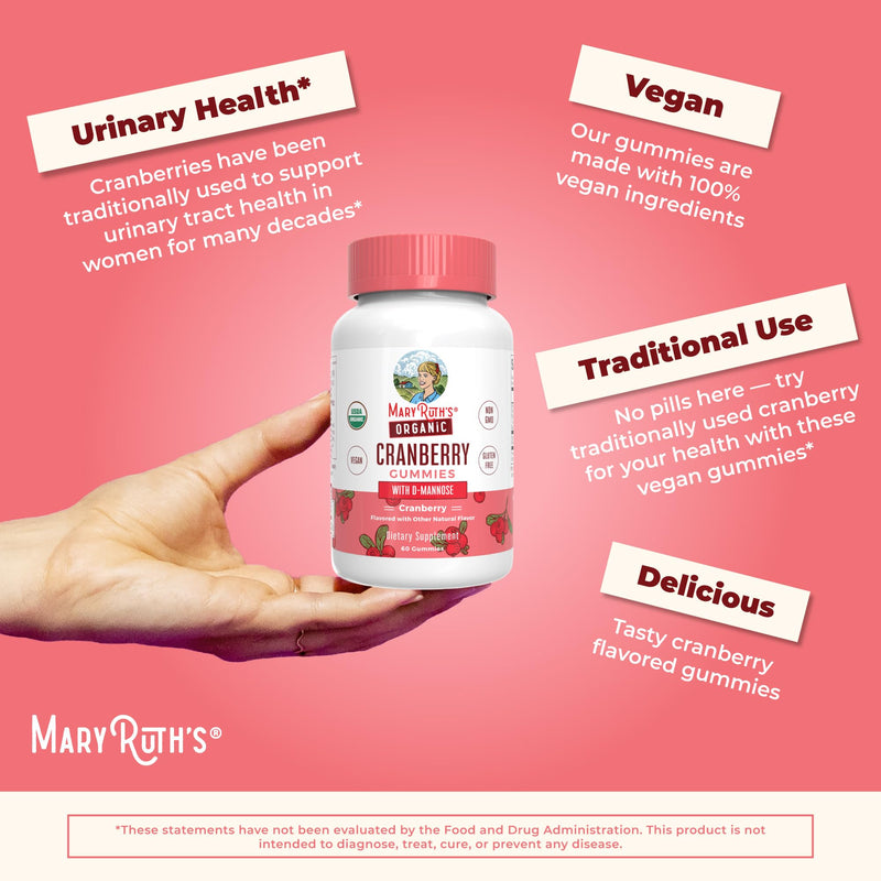 MaryRuth Organics Organic Cranberry Gummies - 500mg Supplement | Urinary Tract Health for Women | with D Mannose | Traditional Use | USDA Organic | Vegan | Non GMO | 30 Servings 60 Count (Pack of 1) - BeesActive Australia