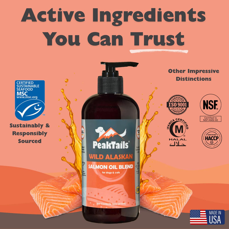 PeakTails Wild Alaskan Fish Oil for Dogs – Omega-3 Blend with Pollock + Salmon Oil – Omega 3, 6, DHA & EPA – Supports Dog Skin & Coat – Natural, Wild Caught – Made in USA – 16 oz 16 Ounce