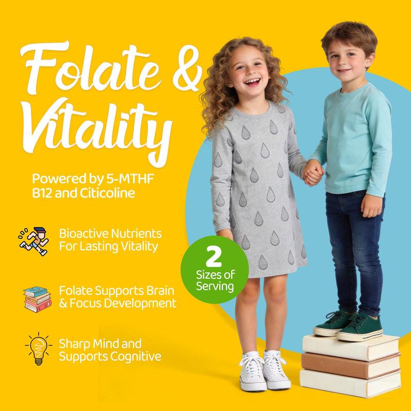 Folinic Acid Drops Kids 4+, L-Methylfolate Supplement, 5-MTHF, Brain, Focus | Liposomal Kids L-Methylfolate W/Citicoline & Methyl B12, Energy, Clarity & Cognitive Development, Sugar-Free – 2 fl oz