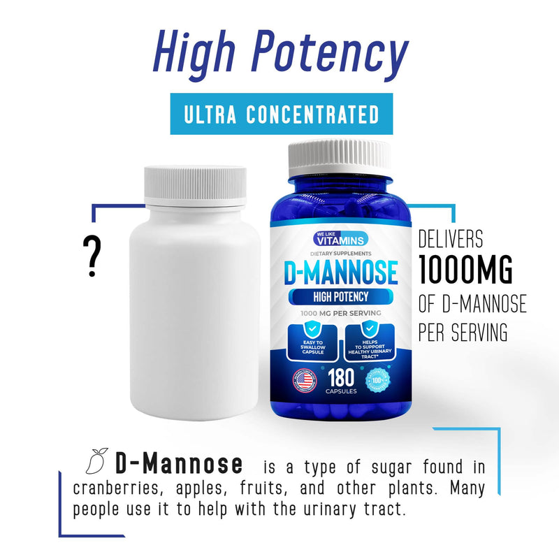 D-Mannose 1000mg - 180 Veggie Capsules - D Mannose Supplements for Women | Cranberry D-Mannose Helps Support Bladder & Urinary Tract Health - 180 Easy to Swallow Capsules - 90 Day Supply