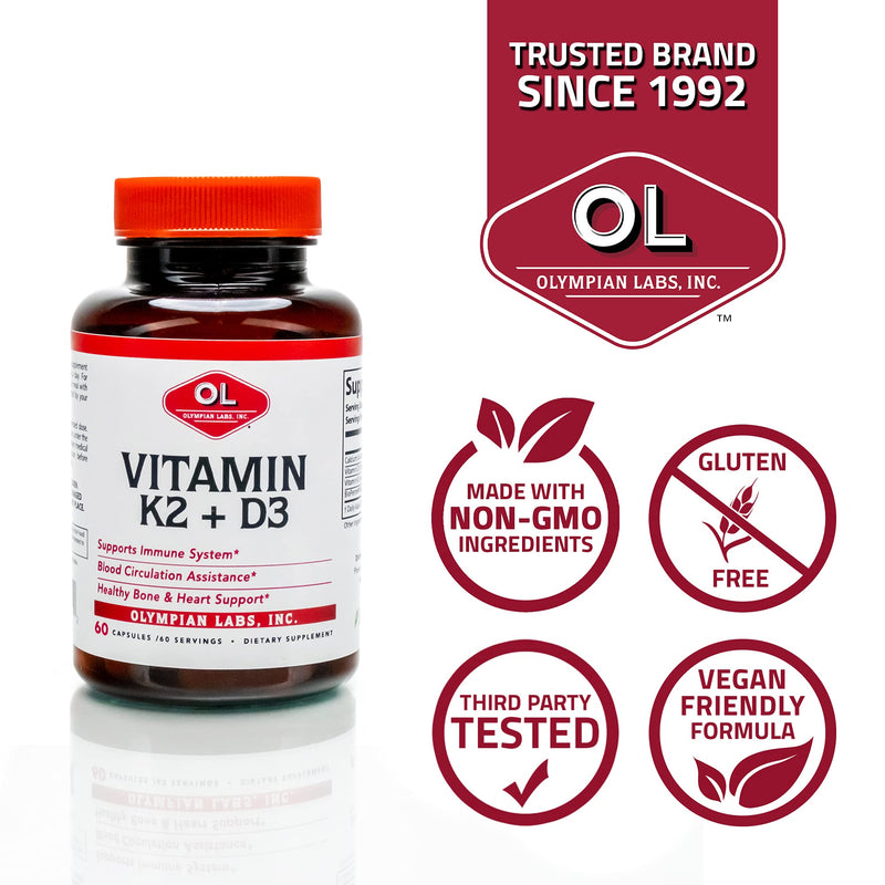 Olympian Labs Vitamin K2 + D3, 60 Servings, Supports Immune System, Bone and Heart Support, 60 Vegan Capsules (Pack of 2) 60 Count (Pack of 2)
