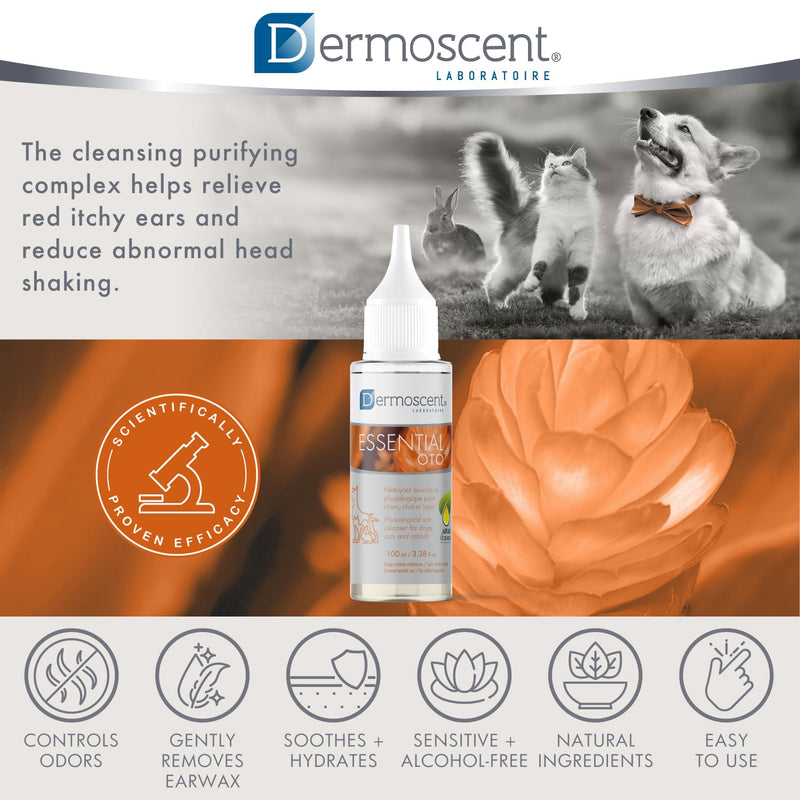 Dermoscent Essential OTO Ear Cleaner for Dogs, Cats, and Rabbits | 100% Natural Formula with Hemp Seed Oil, Gentle Earwax Removal, Odour Control, Ideal for Sensitive Ears