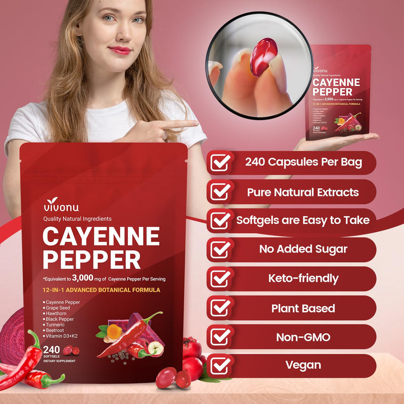 VivoNu Cayenne Pepper Softgels | Leg Vein & Heart Support, Hawthorn, Beetroot & Berberine (2 Bag) | Supports* Leg Vein, Heart & Blood Vessel Health; Vitamin E, D3+K2, Grape Seed, Hawthorn, Beetroot & Berberine 2 Bag