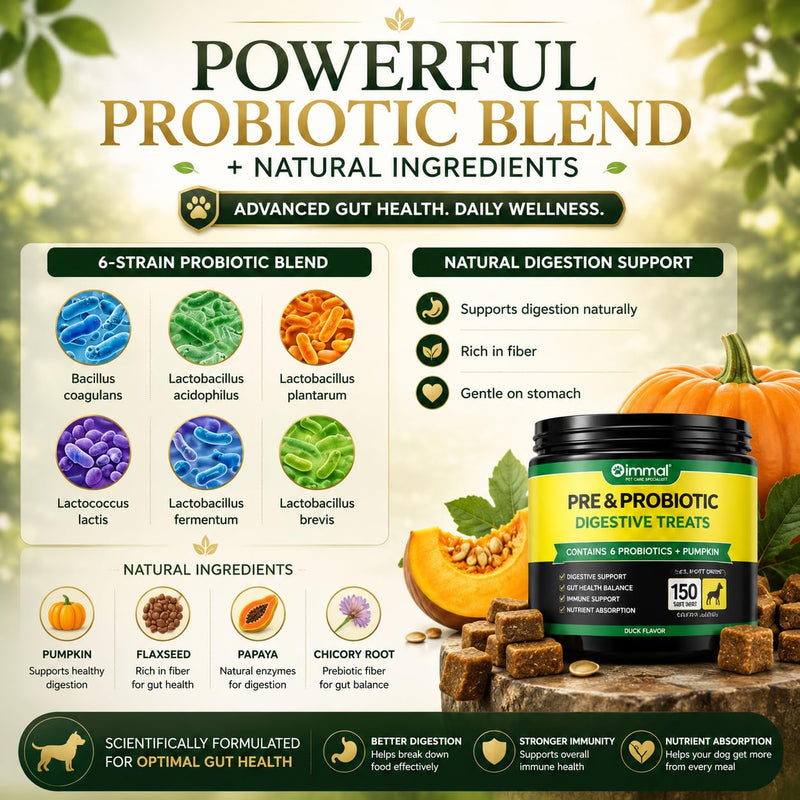 Probiotics for Dogs, 150 Chews, Digestive Support, Gut Health, Diarrhea & Itchy Skin Relief, Pre & Probiotic Digestive Treats for Dogs, Enzymes, Allergy Support, All Breeds Duck Flavour