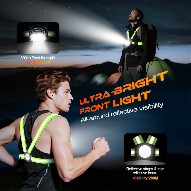 Running Lights for Runners 800LM, 6 Modes Running Light with 45°Adjustable Tilt, IPX5 Waterproof Rechargeable Visibility Reflective Vest for Night Walking/Cycling/Jogging, 4-25Hrs Runtime - BeesActive Australia
