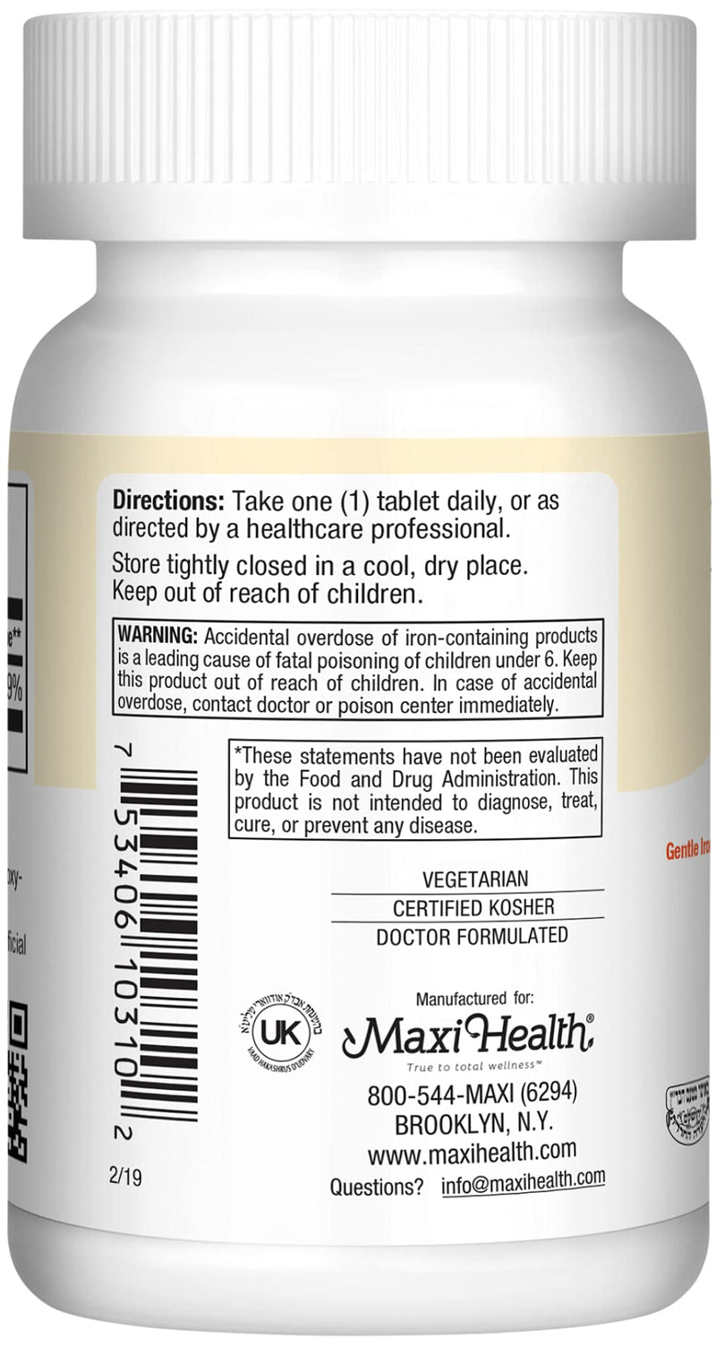 Maxi Health Iron Supplement for Women & Men - Gentle Iron 25 mg for The Stomach - Non Constipating* Pills - Kosher - Non GMO - Vegetarian (100 Tablets) | Kosher | Gentle Non-Constipating Iron | Chelated Iron & Red Blood Cell Support | Vegetarian | Doct...