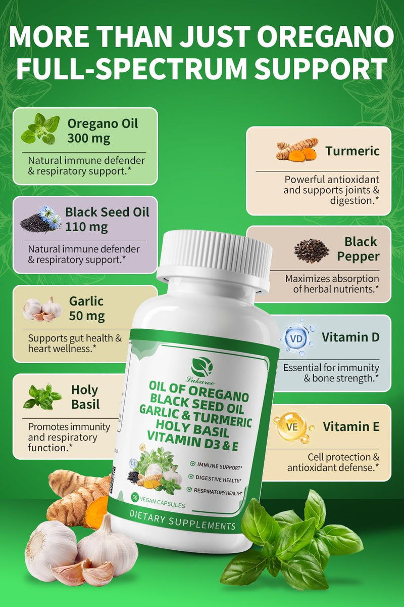 Organic Oil of Oregano Capsules with Black Seed Oil, Garlic, Turmeric, Holy Basil, Vitamin D3, E & Black Pepper for Better Absorption ‚Äì Immune, Digestive & Respiratory ‚Äì Vegan, Non-GMO, 4 Month Supply 60 Count (Pack of 2)