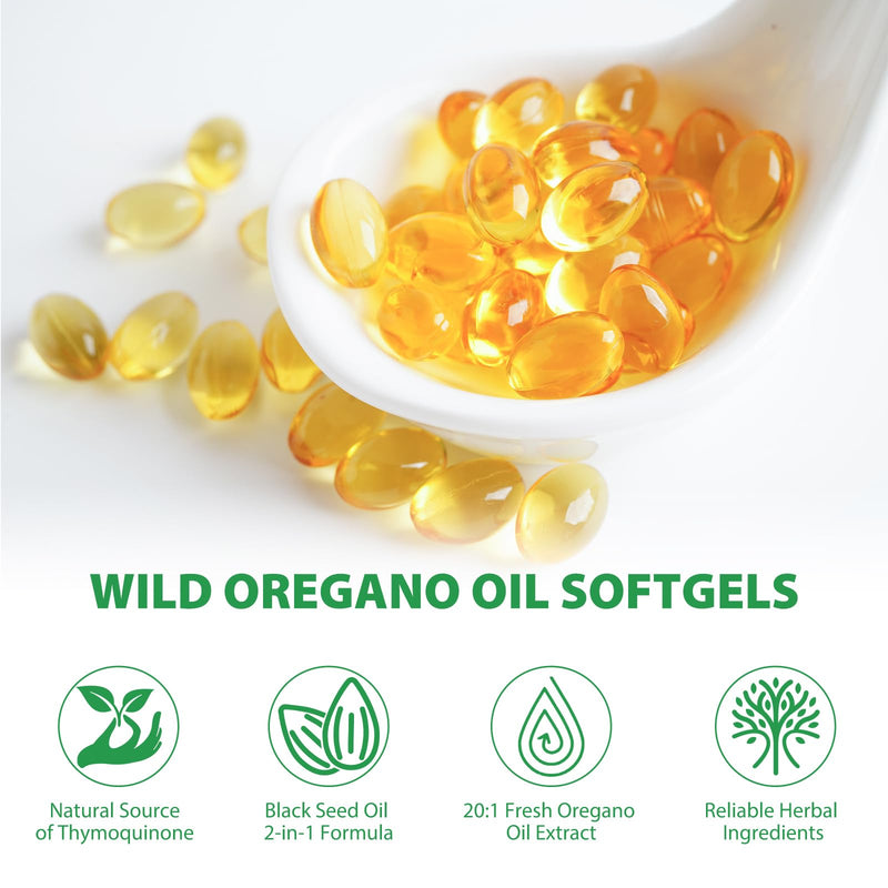 Oil of Oregano Softgels, 120 Count Oregano Oil Supplement Capsules, Oregano Oil Capsules, 165mg Carvacrol, 2 in 1 6000mg Oil of Oregano with Black Seed Oil 200mg 1 Pack - BeesActive Australia