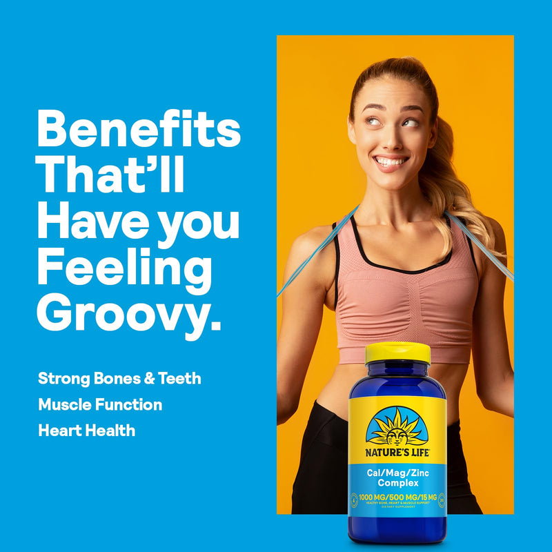 Nature's Life Cal Mag Zinc Complex - Calcium (1000 mg), Magnesium (500 mg), Zinc (15 mg), & D3 Supplement, Trace Mineral Support for Bones & Teeth, Vitamin Formula for Men & Women - 250 Count Capsules | Calcium (1000 mg), Magnesium (500 mg), Zinc (15 m...