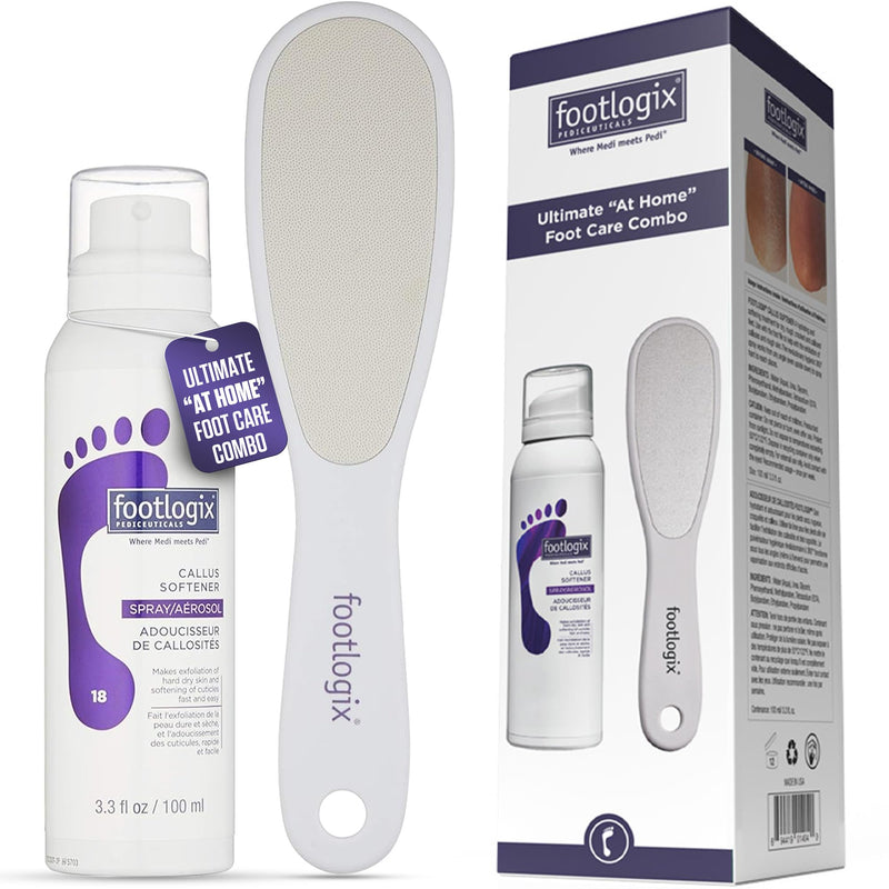 Footlogix Foot Care Callus Softener Combo - Callus Remover Spray & Double-Sided Foot File for Dry, Cracked Heels, Pedicure Tools for Feet, Foot Exfoliator White
