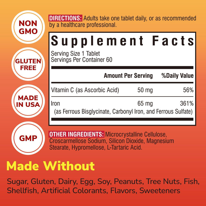 Iron Supplement, 65mg Complex Ferrous Bisglycinate, Sulfate, Carbonyl Iron | with Natural Vitamin C, Stomach Friendly Iron Pills for Blood Building, High Absorption, Non GMO, 60 Vegan Tabs