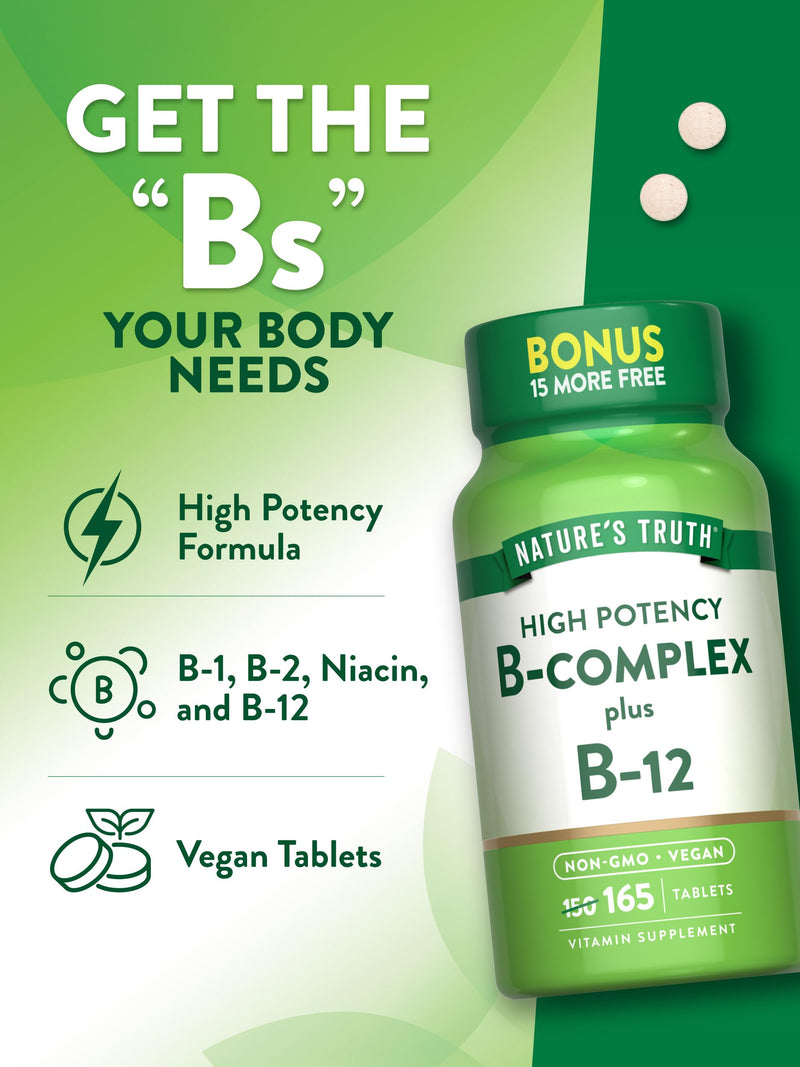 Nature's Truth Vitamin B Complex | 165 Tablets | Plus B12 | Vegan & Non-GMO Supplement Unflavored 165 Count (Pack of 1)