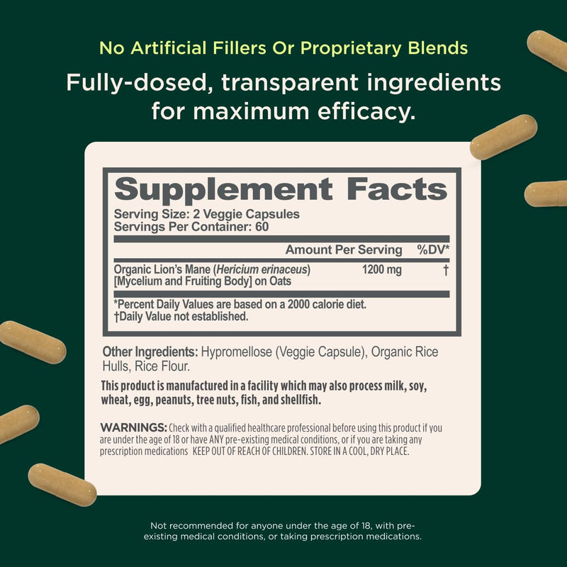 The Genius Brand Genius Lion's Mane - Plant-Based Supplement for Memory, Focus & Mood Support - Organic & Non-GMO - 120 Veggie Capsules 120 Count (Pack of 1)