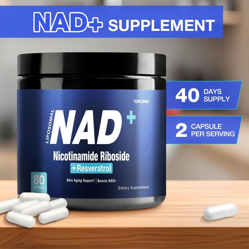 NAD+ Supplement - NAD Nicotinamide Riboside Resveratrol, Liposomal NAD+ Supplement 1000mg for for Women & Men - Healthy Aging, Brain and Cellular Energy, Non-GMO, 80 Capsules