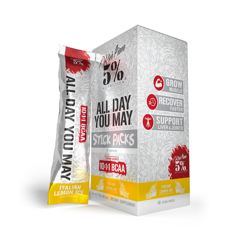 5% Nutrition Rich Piana AllDayYouMay BCAA Powder Stick Packs | Premium Intra & Post Workout Amino Acids, EAA, Electrolytes for Endurance, Hydration, Muscle Recovery (Italian Lemon Ice) (10 Count) Italian Lemon Ice (Non-Caffeinated)