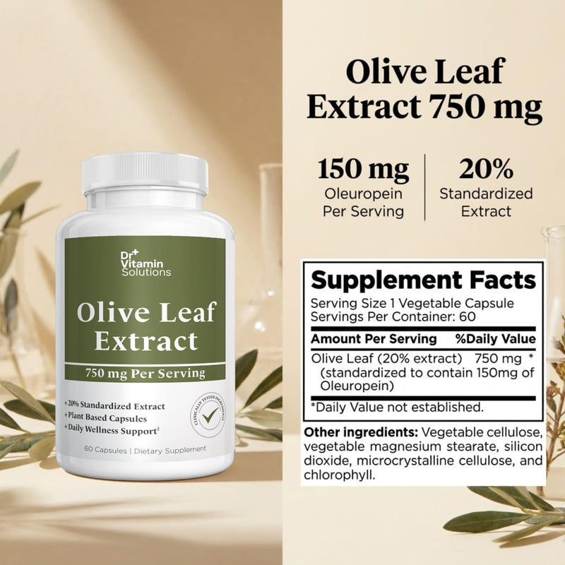 Olive Leaf Extract Capsules 750mg - 150mg Oleuropein, 60 Capsules 2 Month | 20% Standardized Herbal Supplement, Immune and Antioxidant Support, Non-GMO, Vegan, Gluten Free, Soy Free, No Fillers