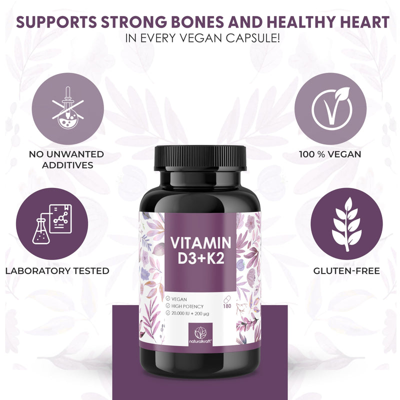 Premium Vitamin D3 + K2, 20,000 IU + 200 mcg, Depot (180 Capsules, High Strength & Vegan) – German Brand Quality