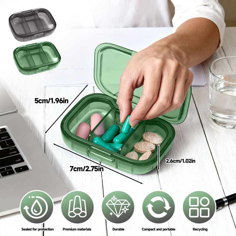 2 Pack, 3 Compartment Pill Box,Travel Pill Organizer for Pocket Purse, Daily Portable Vitamin Box, Fish Oil Box(Green + Black) Green + Black