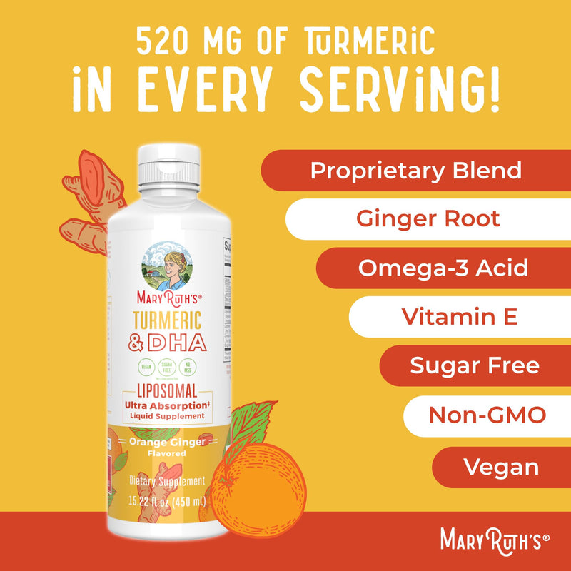 MaryRuth's Turmeric & DHA Liposomal Liquid, Ultra Absorption, 15.22 oz | Enhanced Absorption, Turmeric Curcumin Supplement 520mg, Joint Health & Cognitive Health, Ginger Root Oil, Omega-3 DHA