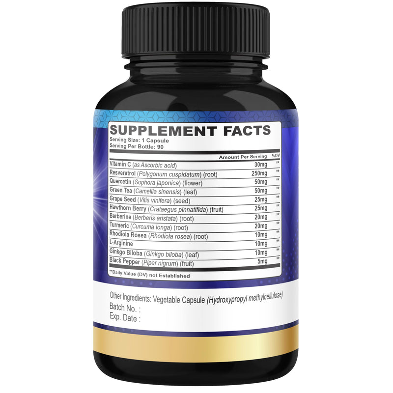 Organic Cadane Resveratrol Supplement - 12in1 Blended with VIT.C, Quercetin, Berberine, Turmeric, Green Tea & More - 90 Capsules 3 Month