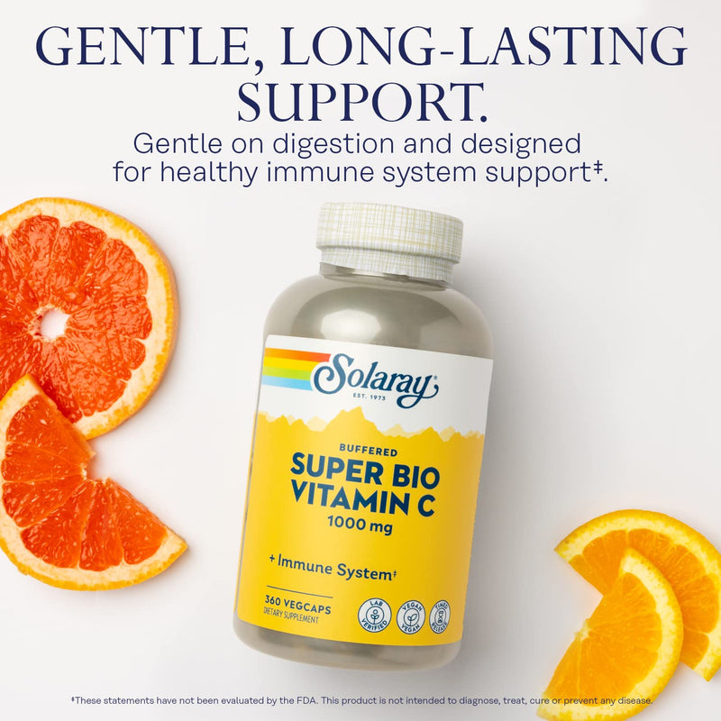 SOLARAY Super Bio Buffered Vitamin C 1000 mg Time Release, 360 VegCaps | Immune, Heart & Antioxidant Support - Buffered with Bioflavonoids - 180 Servings - Vegan, Lab Verified Unflavored 360 Count (Pack of 1)