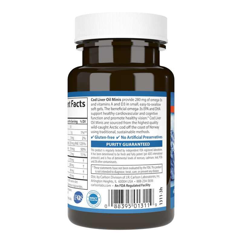 Carlson Cod Liver Oil Minis, 280 mg, from Norway, 100 Mini Softgels | Omega-3s + Vitamins A and D3; Wild Caught; Sustainably Sourced 100 Count (Pack of 1)