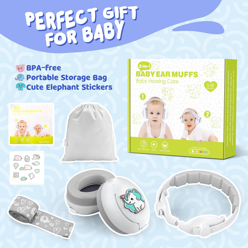 2-in-1 Baby Headphones for Noise Cancelling, Adjustable Ear Muff Noise Protection for Infant Toddler- Travel Essential White