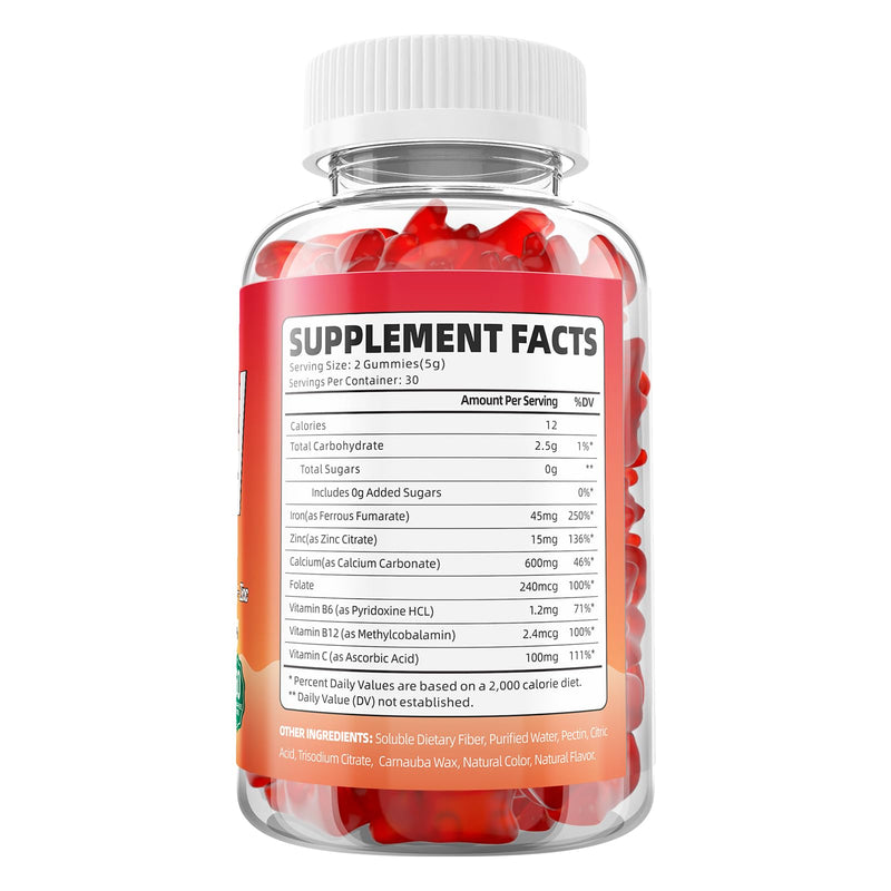 Iron Gummies for Women, Men & Kids, Sugar Free Iron Supplement with Calcium, Zinc, Folate & Vitamin B12, C, B6 - for Blood Building & Energy Support, Anemia, Strawberry, 120 Count 60 Count (Pack of 2)