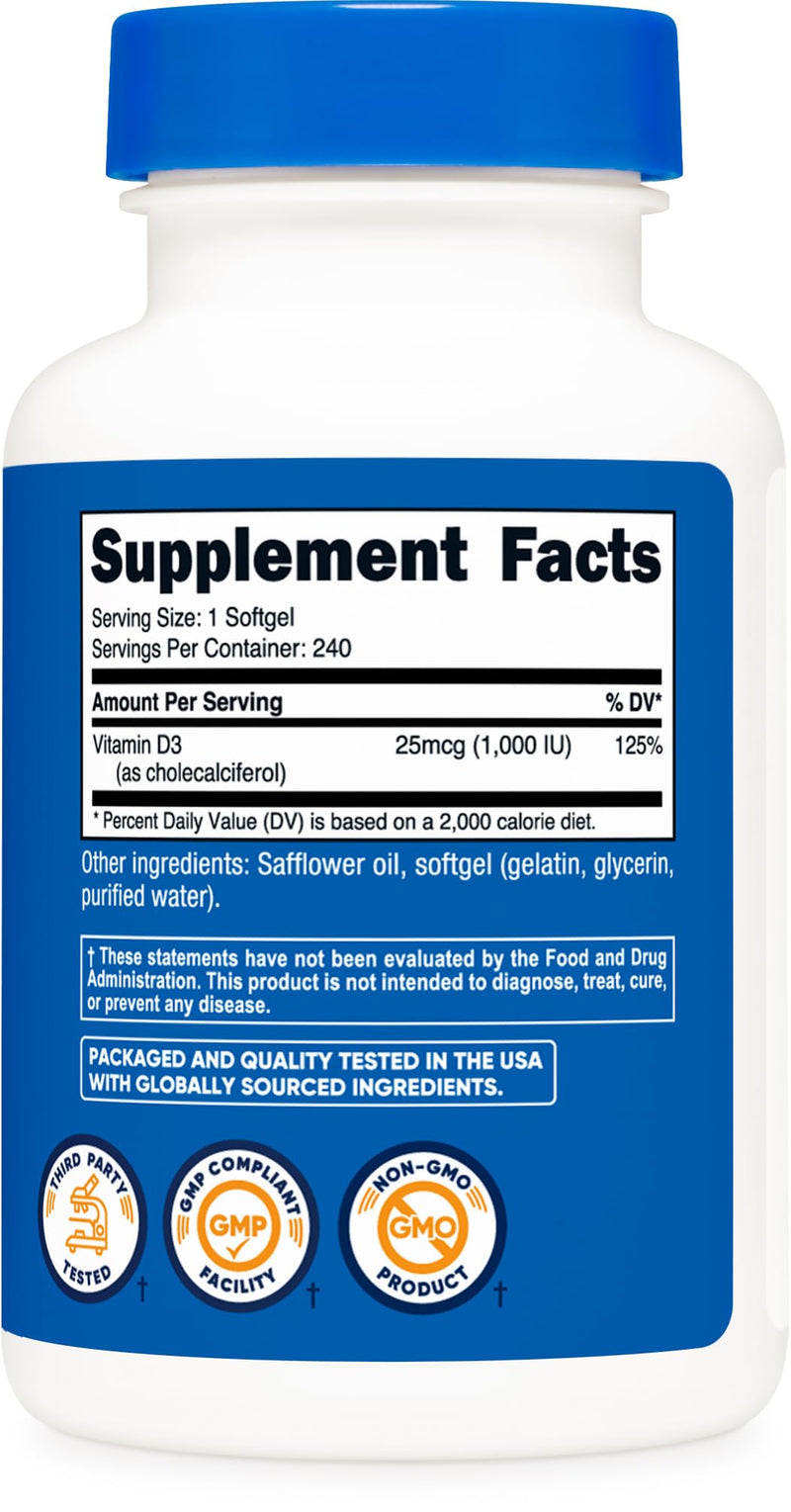 Nutricost Vitamin D3 (1000iu) Softgels, 240 Softgels, Gluten Free | GMO-Free