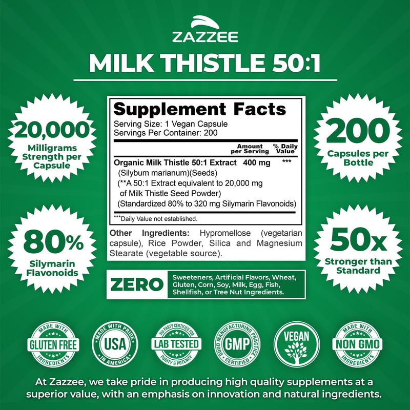 Zazzee Organic Milk Thistle 50:1 Extract, 20,000 mg Strength, 200 Vegan Capsules, 80% Silymarin Flavonoids, Over 6 Month Supply, Standardized and Concentrated 50X Extract, All-Natural and Non-GMO