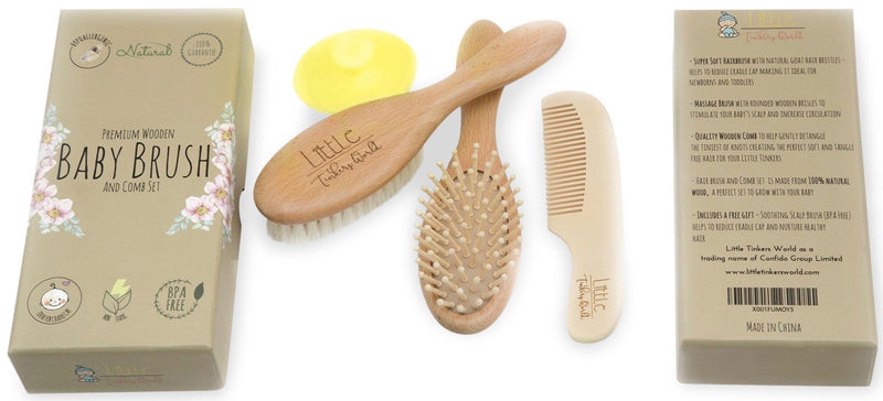 Baby Hair Brush and Comb Set for Newborn Wooden 4 Piece Soft Bristle Baby Brush and Comb Set for Newborn Girl Boy and Toddler Soft Cradle Cap New Born Infant Hair Brushes Perfect Baby Registry Gift 4 Piece Set