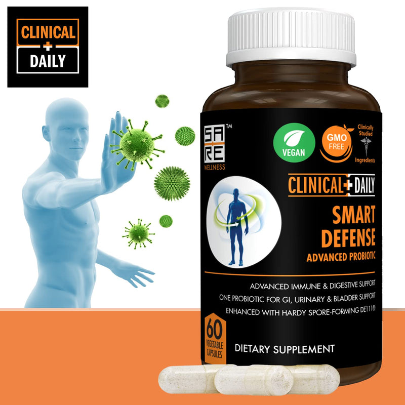 CLINICAL DAILY Smart Defense Mega Spore Probiotic. Bacillus Subtilis Spore Based Probiotics For Women and Men With Lactobacillus Plantarum Good Flora Natural Slim Microbiome Support. 60 Vegan Capsules