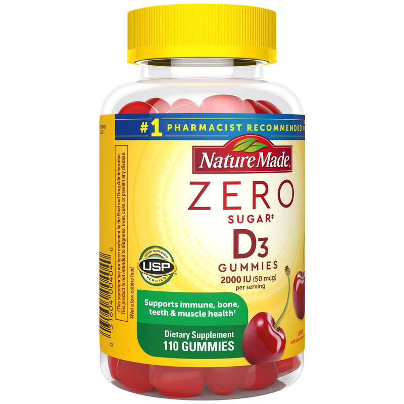 Nature Made Zero Sugar Vitamin D3 Gummies 2000 IU (50 mcg) per Serving, Immune, Bone, Teeth & Muscle Support Supplement, 110 Sugar Free Vitamin D Gummies, 55 Day Supply - BeesActive Australia