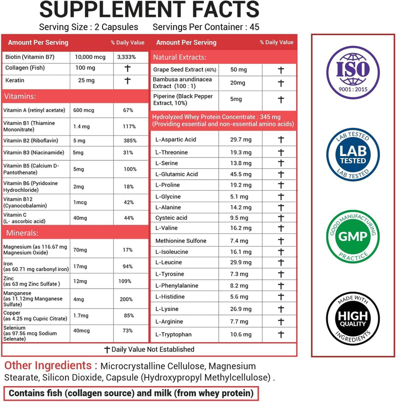 Biotin For Hair Growth Women & Men | Hair Skin and Nails Vitamins B2, B3, B5 and B7 - 25000 Mcg With Keratin Collagen Amino Acids and Minerals - Supports Stronger Nails, Healthy Skin - 90 Caps