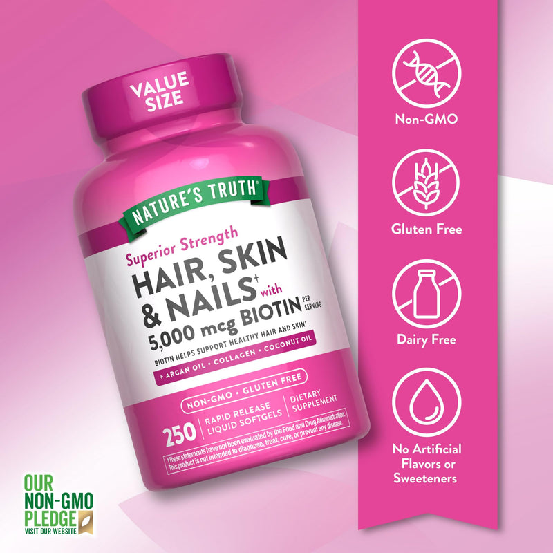 Nature's Truth Hair, Skin & Nails Vitamins | 5000mcg | 250 Softgels | Includes Collagen, Biotin and Coconut Oil | Non-GMO & Gluten Free Supplement for Women and Men