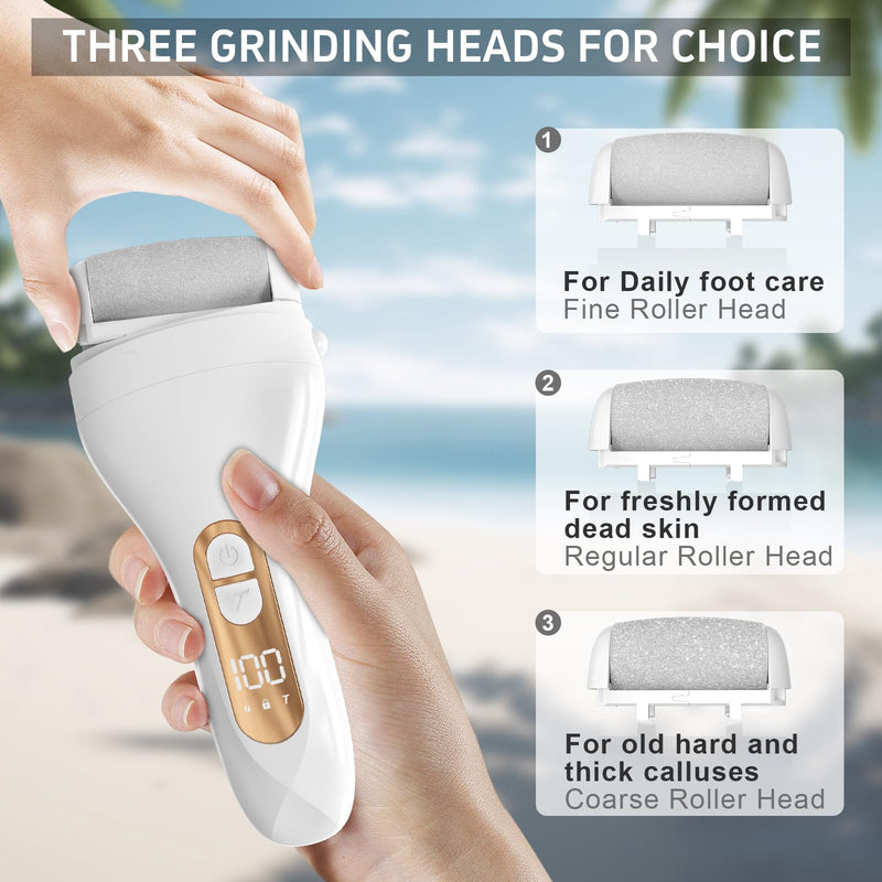 Electric Callus Remover for Feet,Professional Pedicure Kit Rechargeable Foot File Hard Skin Remover for Cracked Heels &Dead Skin,with 3 Roller Heads 2 Speed(White N9) White N9 - BeesActive Australia