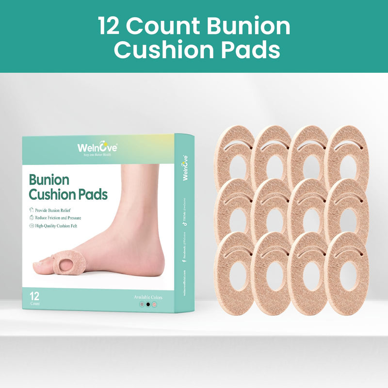 Welnove Bunion Pain Relief Pads, Removable Bunion Pads for Men and Women, Corn Pads for Toes, Metatarsal Cushion, Alleviates Shoe Friction to Wear with Shoes - 12 Count Beige
