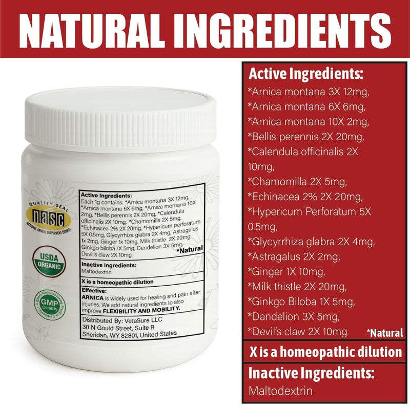 Arnica for Dogs, Pain Relief Medicine for Hip & Joint Pain, Arthritis Pain Relief Killer for Dog Cat, Anti Inflammatory, Help Reduce Muscle Joint & Hip Soreness Stiffness, Natural Powder Formula, 100g