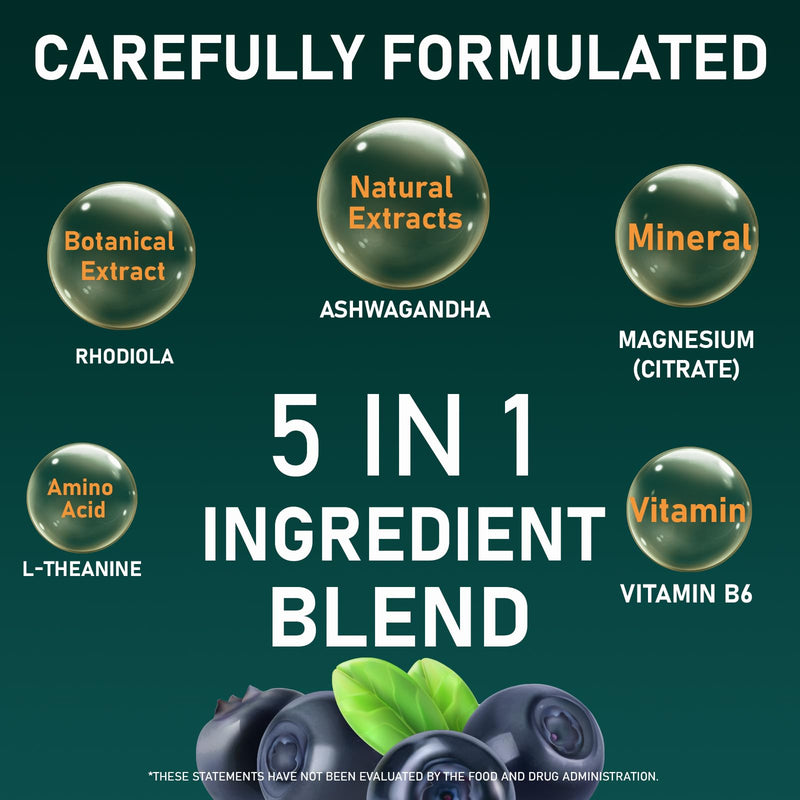 Cortisol Support Gummies with Ashwagandha & L-Theanine – 5-Ingredient Daily Formula, Blueberry Flavor, 60 Count